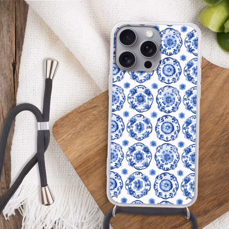 Sierborden - Bloemen - Blauw Hoesje iPhone 16 Pro Max met koord klein 804 -sfeer4