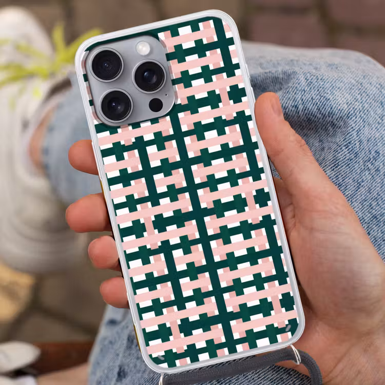 Vlechtpatroon - Groen - Roze - Grafisch Hoesje iPhone 16 Pro Max met koord klein 804 -sfeer3