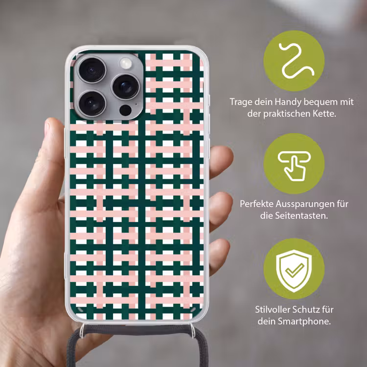 Vlechtpatroon - Groen - Roze - Grafisch Hoesje iPhone 16 Pro Max met koord klein 804 -sfeer2_DE