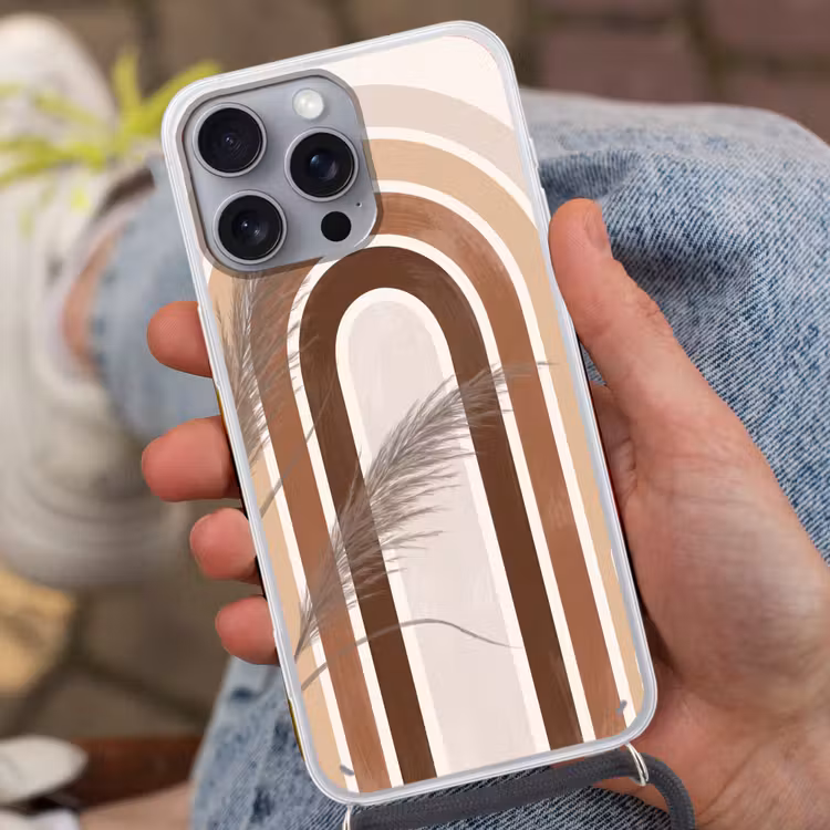 Abstract - Bogen - Plant - Boho - Beige Hoesje iPhone 16 Pro Max met koord klein -sfeer3