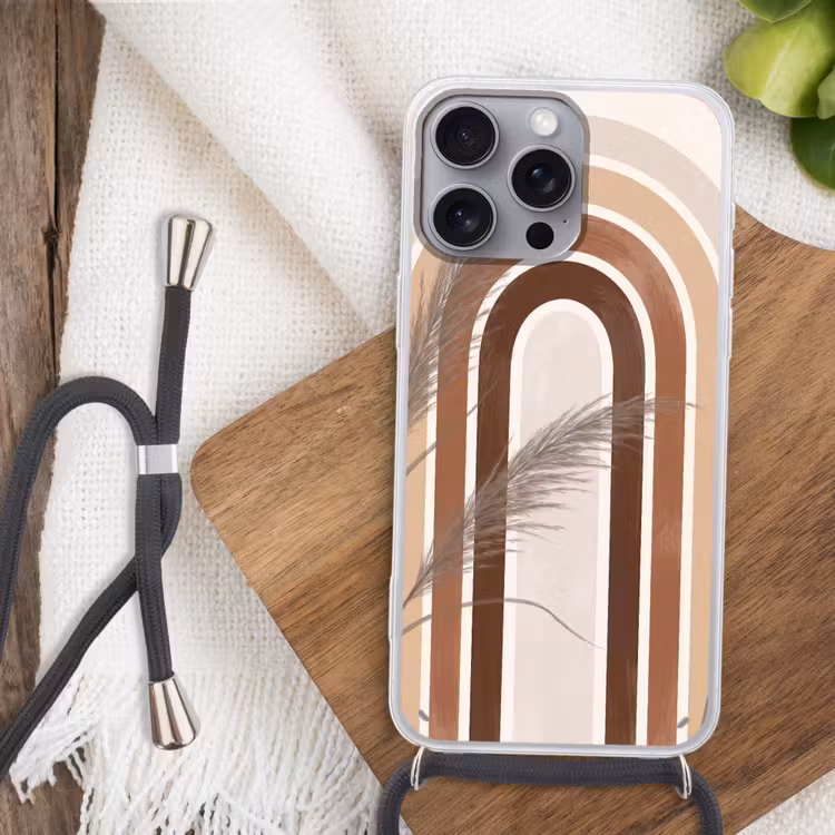 Abstract - Bogen - Plant - Boho - Beige Hoesje iPhone 16 Pro Max met koord klein -sfeer4