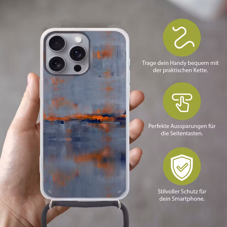 Abstract - Kleuren - Modern - Oranje - Grijs Hoesje iPhone 16 Pro Max met koord klein -sfeer2_DE