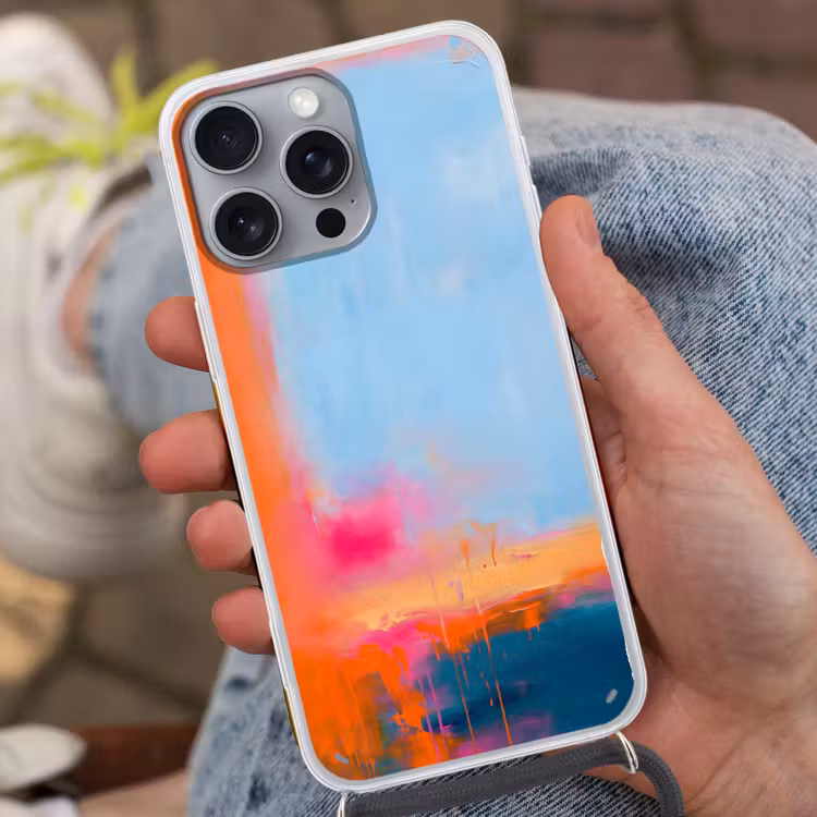 Abstract - Kleurvlakken - Modern - Oranje - Blauw Hoesje iPhone 16 Pro Max met koord klein -sfeer3