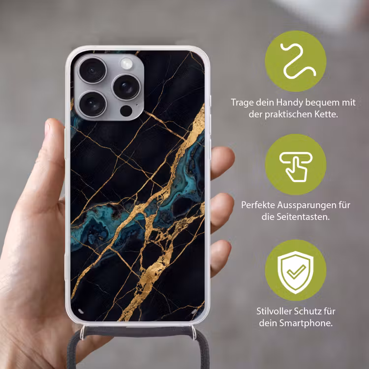 Abstract - Gouden lijnen - Kunst - Modern - Zwart Hoesje iPhone 16 Pro Max met koord klein -sfeer2_DE