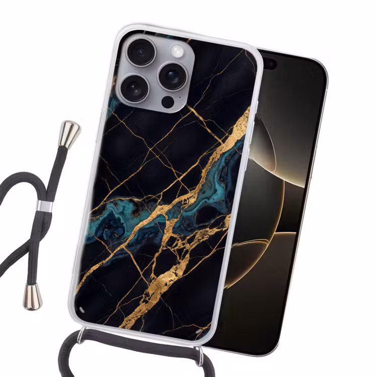 Abstract - Gouden lijnen - Kunst - Modern - Zwart Hoesje iPhone 16 Pro Max met koord klein -sfeer1