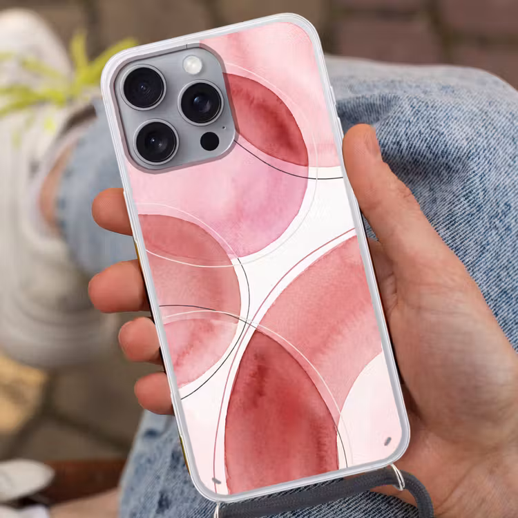 Abstract - Cirkels - Modern - Roze - Kunst Hoesje iPhone 16 Pro Max met koord klein -sfeer3