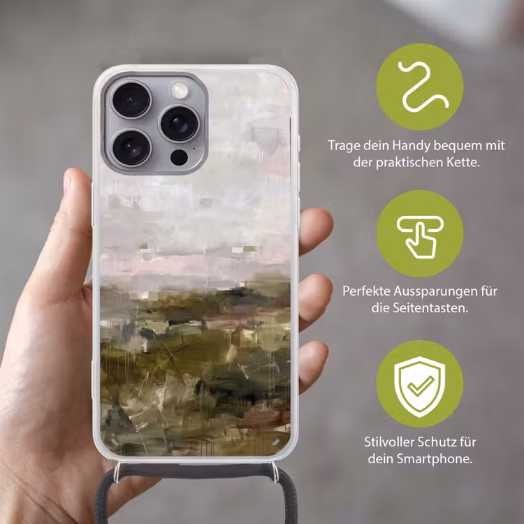 Abstract - Gelaagd - Kunst - Modern - Grijs-Groen Hoesje iPhone 16 Pro Max met koord klein -sfeer2_DE