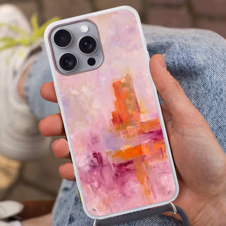 Abstract - Borstelstreken - Kunst - Paars - Goud Hoesje iPhone 16 Pro Max met koord klein -sfeer3
