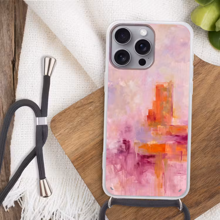 Abstract - Borstelstreken - Kunst - Paars - Goud Hoesje iPhone 16 Pro Max met koord klein -sfeer4
