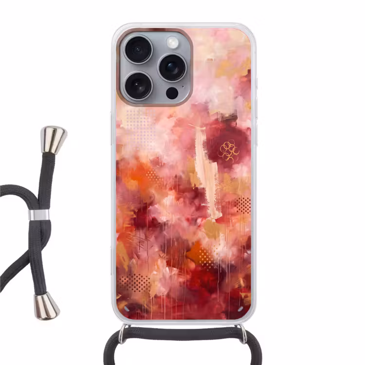 Abstract - Rood - Goud - Modern - Kunst Hoesje iPhone 16 Pro Max met koord klein -3d