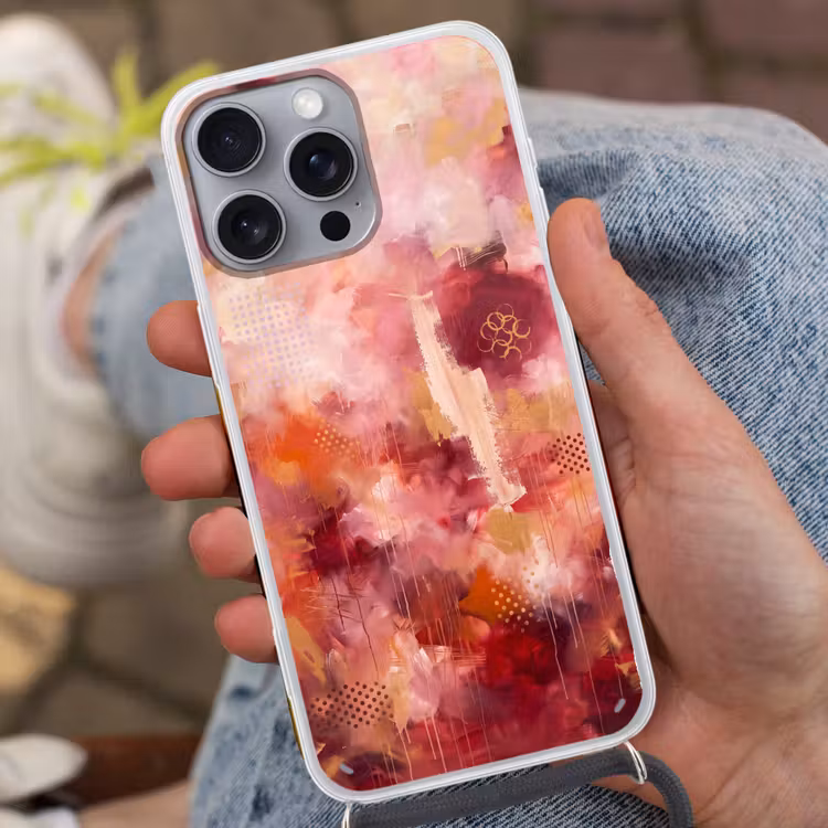 Abstract - Rood - Goud - Modern - Kunst Hoesje iPhone 16 Pro Max met koord klein -sfeer3