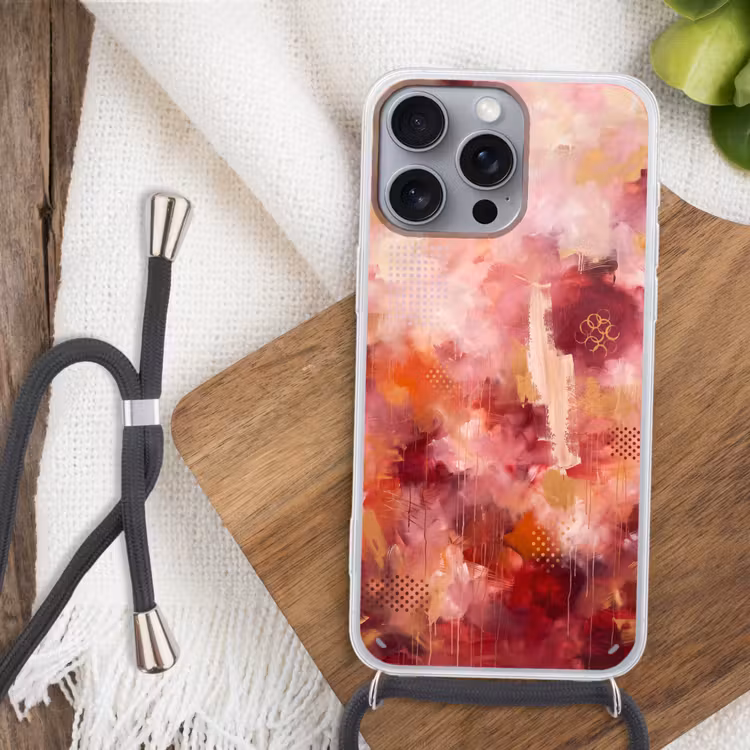 Abstract - Rood - Goud - Modern - Kunst Hoesje iPhone 16 Pro Max met koord klein -sfeer4