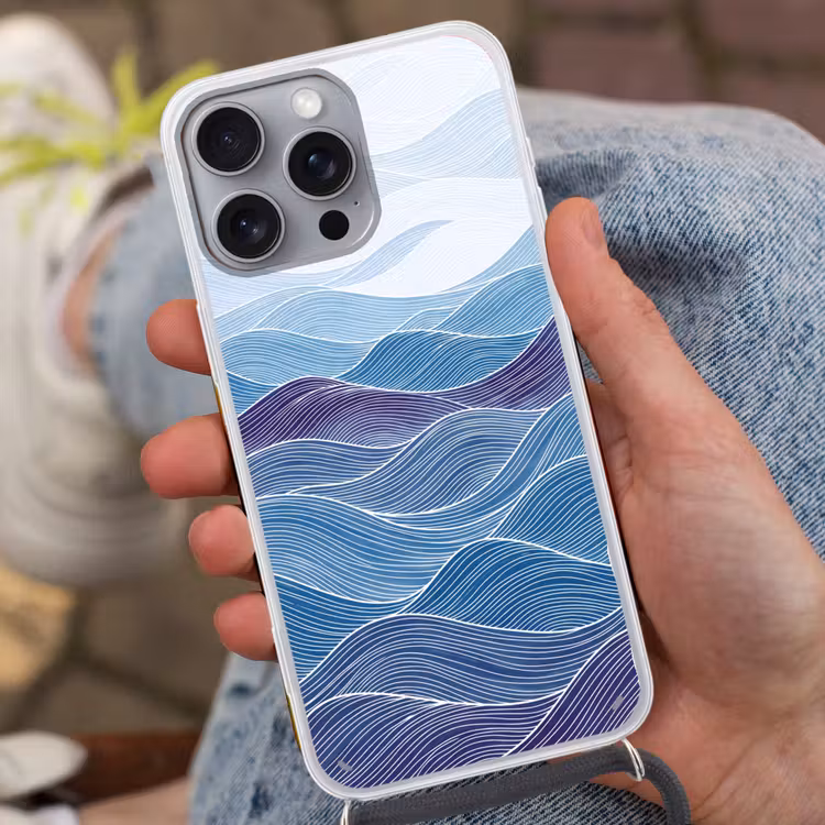 Abstract - Golven - Patroon - Blauw - Modern Hoesje iPhone 16 Pro Max met koord klein -sfeer3
