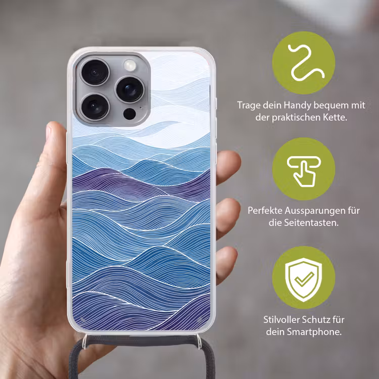 Abstract - Golven - Patroon - Blauw - Modern Hoesje iPhone 16 Pro Max met koord klein -sfeer2_DE