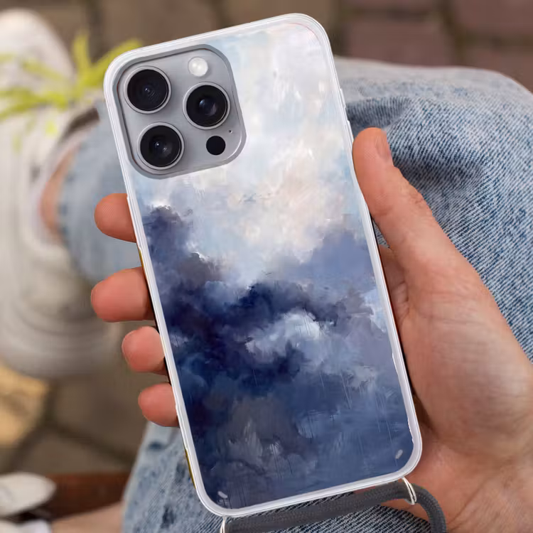 Abstract - Wolken - Modern - Blauw - Kunst Hoesje iPhone 16 Pro Max met koord klein -sfeer3