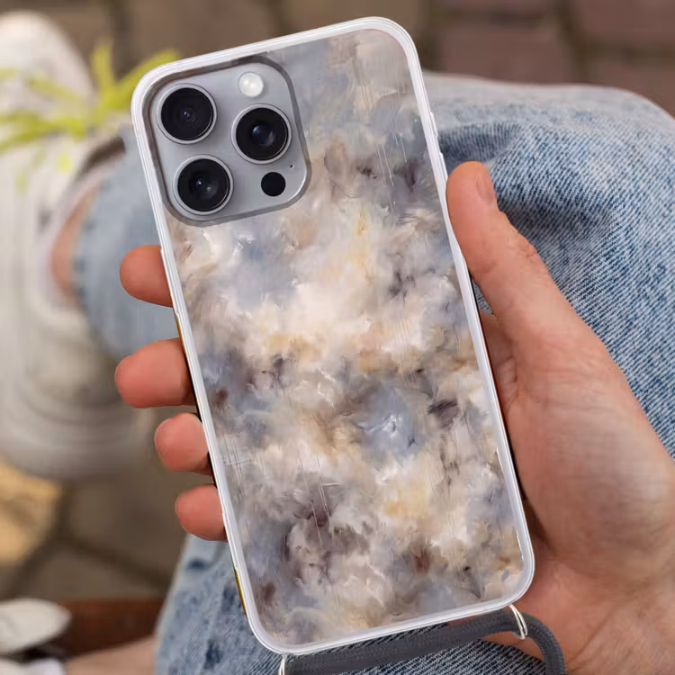 Abstract - Wolken - Sfeervol - Beige - Grijs Hoesje iPhone 16 Pro Max met koord klein -sfeer3