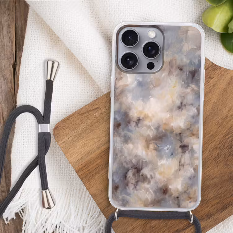 Abstract - Wolken - Sfeervol - Beige - Grijs Hoesje iPhone 16 Pro Max met koord klein -sfeer4