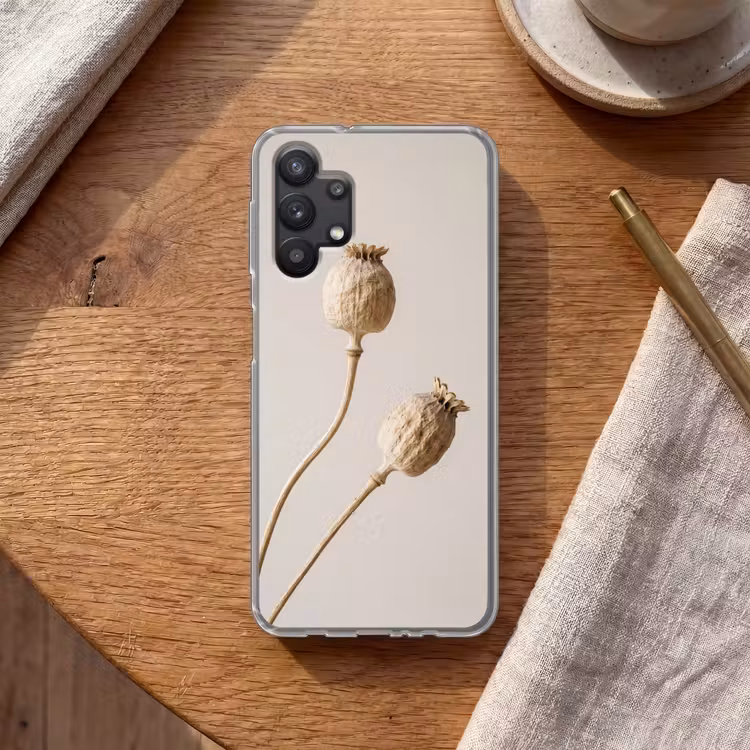 Papaverbollen - Droogbloemen - Minimalistisch - Beige - Rustig Telefoonhoesje Samsung Galaxy A32 5G klein -sfeer1