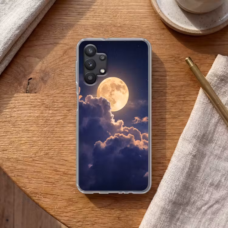 Maan - Wolken - Nacht - Oranje Telefoonhoesje Samsung Galaxy A32 5G klein -sfeer1