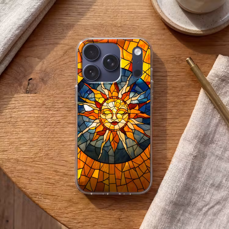 Mozaïek - Zon - Geel - Cirkel Telefoonhoesje iPhone 17 Pro klein -sfeer1