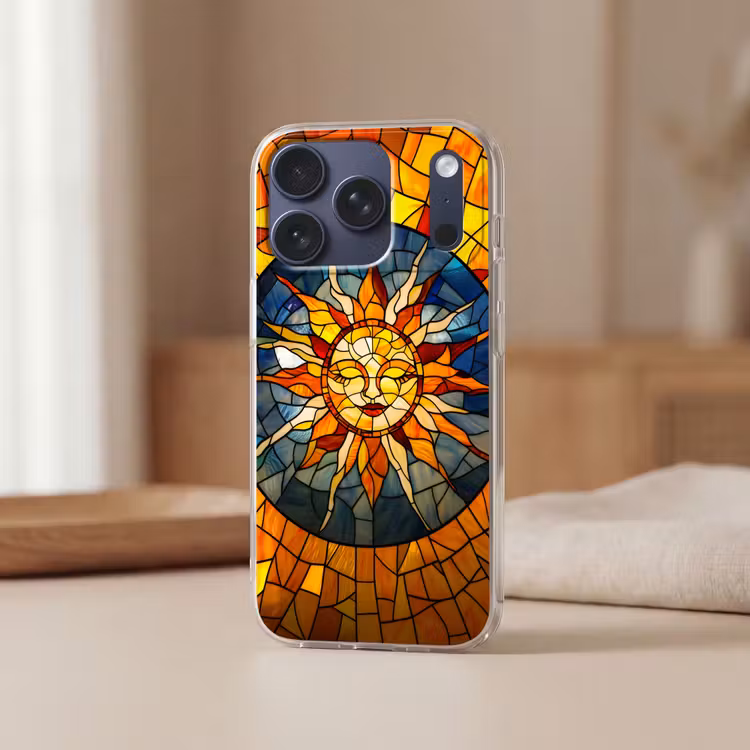 Mozaïek - Zon - Geel - Cirkel Telefoonhoesje iPhone 17 Pro klein -sfeer2