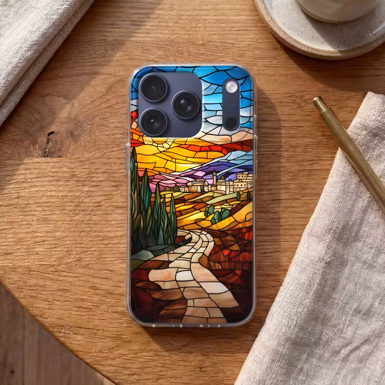 Mozaïek - Zon - Landschap - Dorp Telefoonhoesje iPhone 17 Pro klein -sfeer1