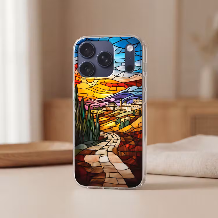 Mozaïek - Zon - Landschap - Dorp Telefoonhoesje iPhone 17 Pro klein -sfeer2
