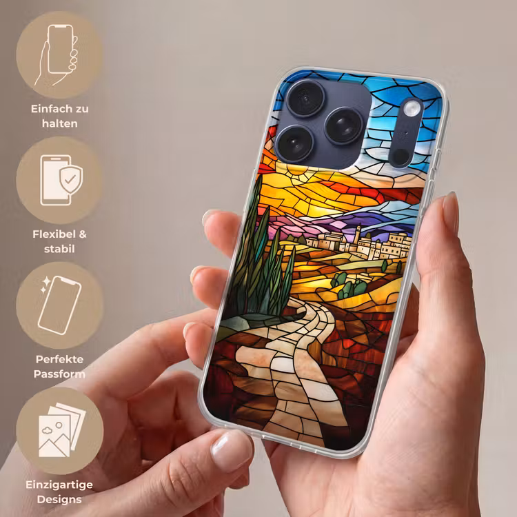 Mozaïek - Zon - Landschap - Dorp Telefoonhoesje iPhone 17 Pro klein -sfeer3_DE