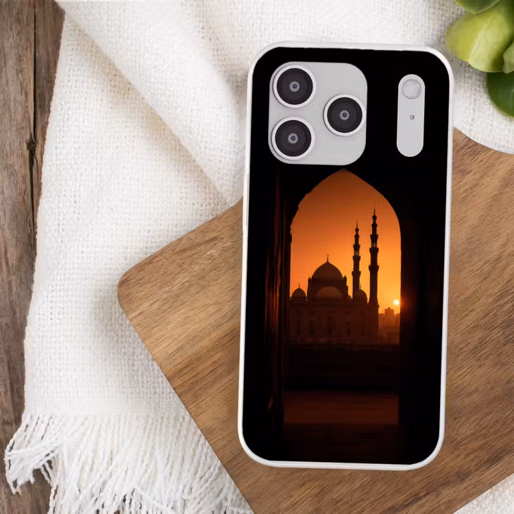 Moskee - Oranje lucht - Islamitisch Telefoonhoesje iPhone 17 Pro klein -sfeer1