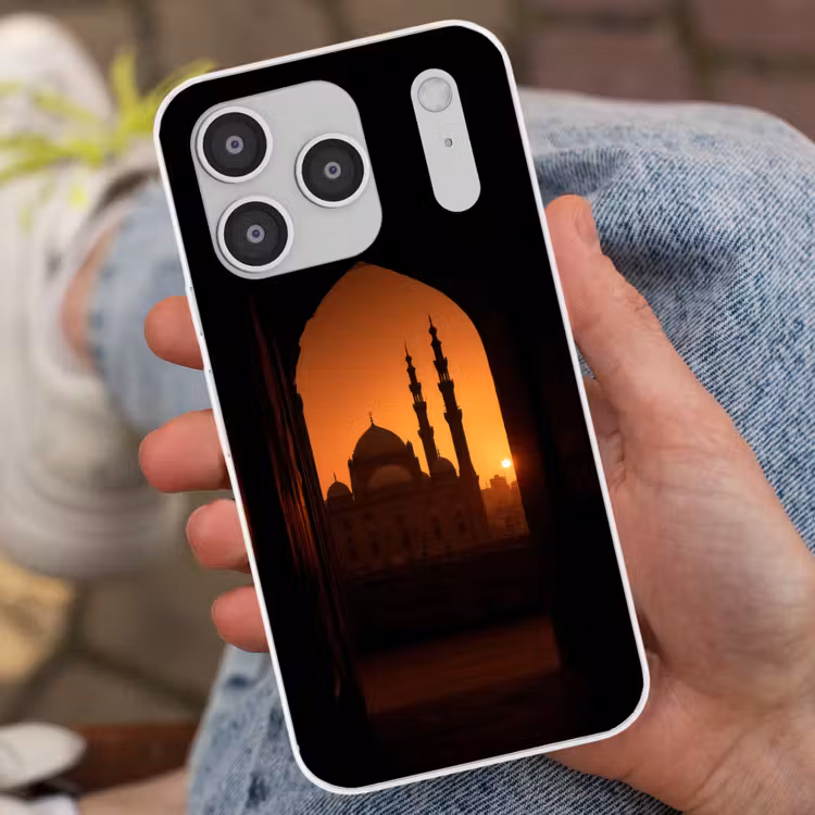Moskee - Oranje lucht - Islamitisch Telefoonhoesje iPhone 17 Pro klein -sfeer2