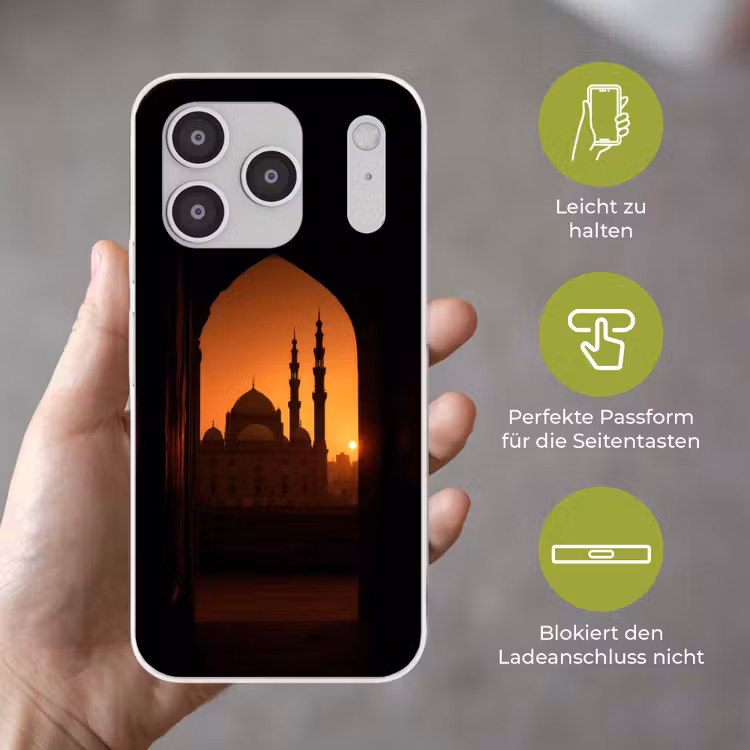 Moskee - Oranje lucht - Islamitisch Telefoonhoesje iPhone 17 Pro klein -sfeer3_DE