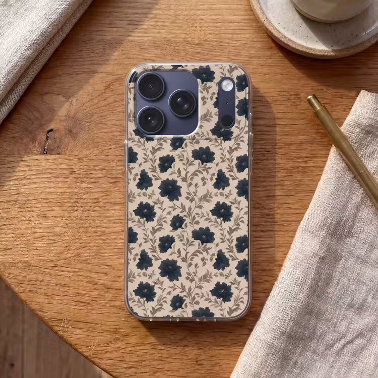 Motief - Bloemen - Zwart - Beige Telefoonhoesje iPhone 17 Pro klein 878 -sfeer1