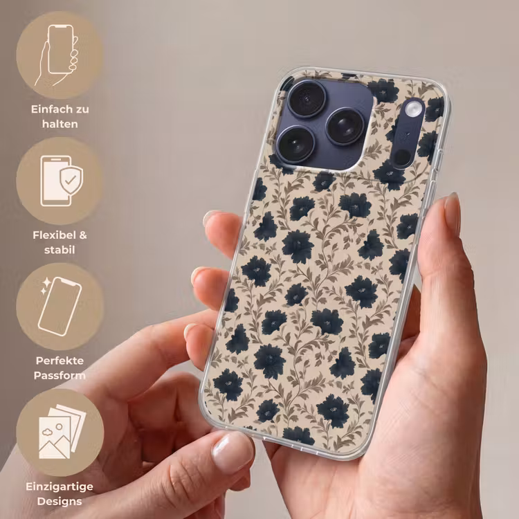 Motief - Bloemen - Zwart - Beige Telefoonhoesje iPhone 17 Pro klein 878 -sfeer3_DE