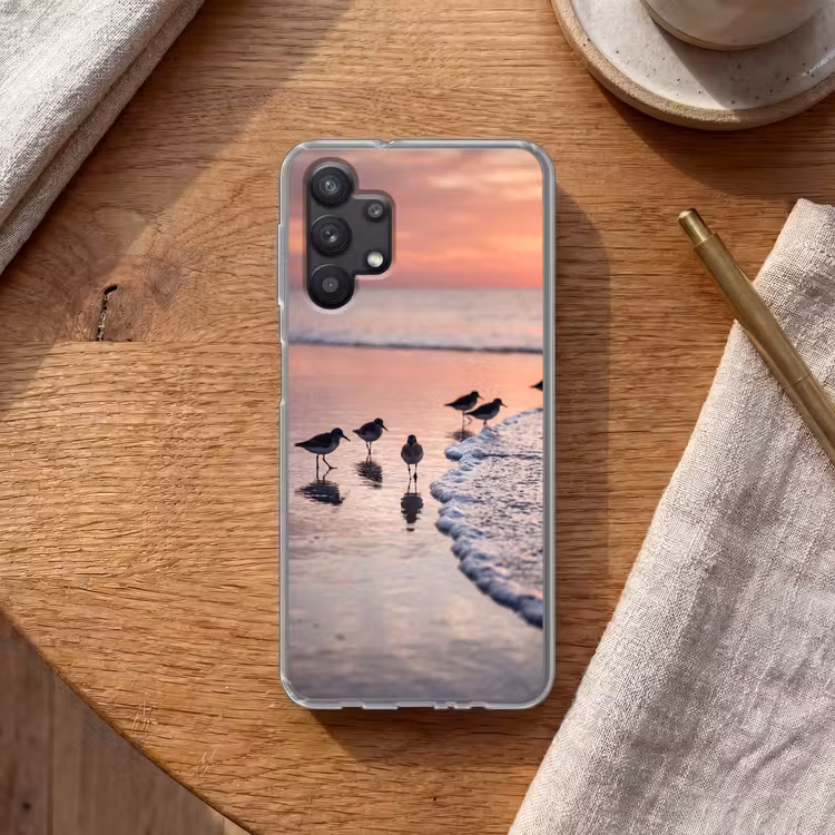 Meeuwen - Strand - Zee - Roze Telefoonhoesje Samsung Galaxy A32 5G klein -sfeer1
