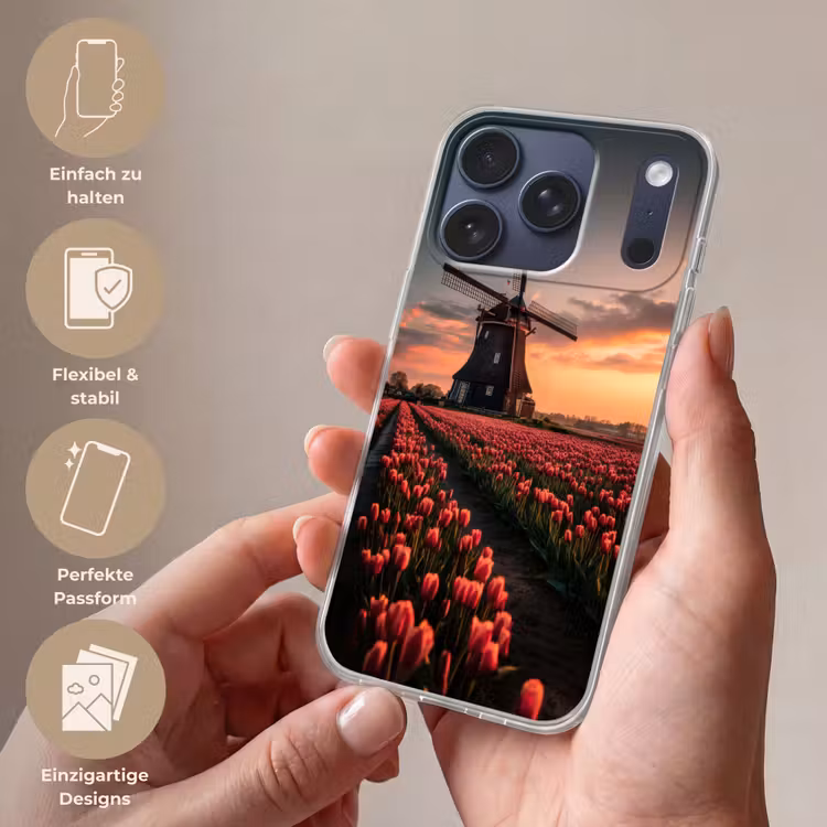 Molen - Zonsondergang - Tulpen - Rood Telefoonhoesje iPhone 17 Pro klein -sfeer3_DE
