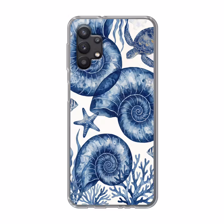 Schelp - Spiraal - Zeeleven - Aquarel - Blauw Telefoonhoesje Samsung Galaxy A32 5G klein -3d