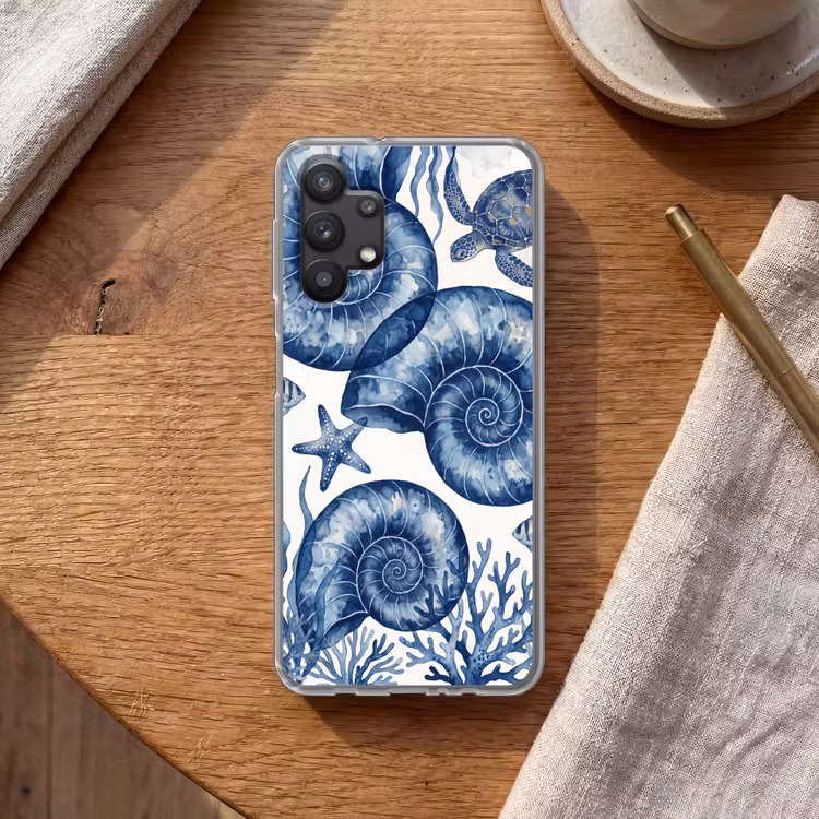 Schelp - Spiraal - Zeeleven - Aquarel - Blauw Telefoonhoesje Samsung Galaxy A32 5G klein -sfeer1