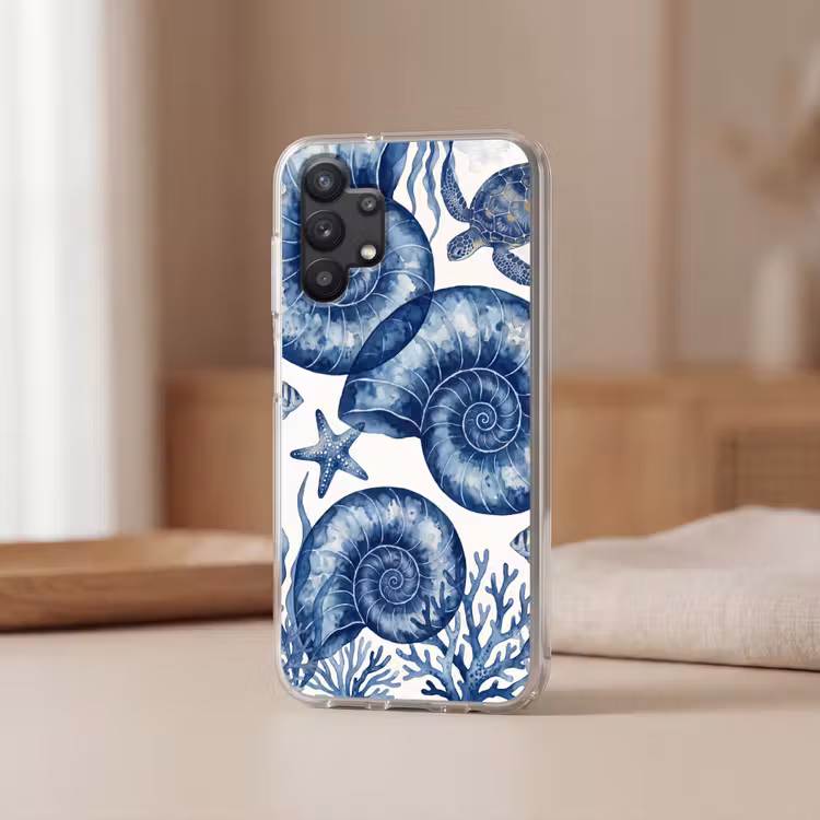 Schelp - Spiraal - Zeeleven - Aquarel - Blauw Telefoonhoesje Samsung Galaxy A32 5G klein -sfeer2