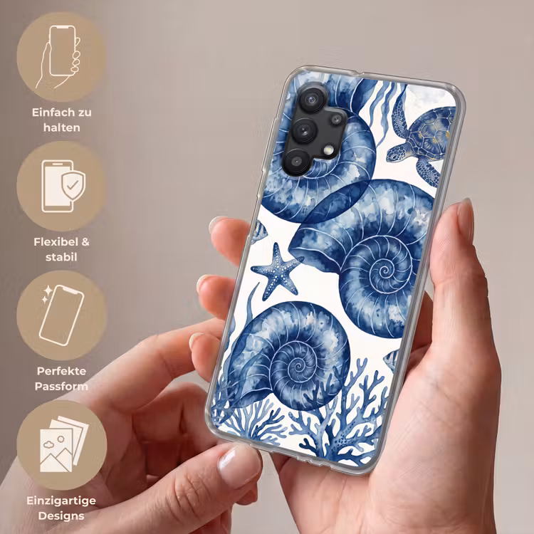 Schelp - Spiraal - Zeeleven - Aquarel - Blauw Telefoonhoesje Samsung Galaxy A32 5G klein -sfeer3_DE