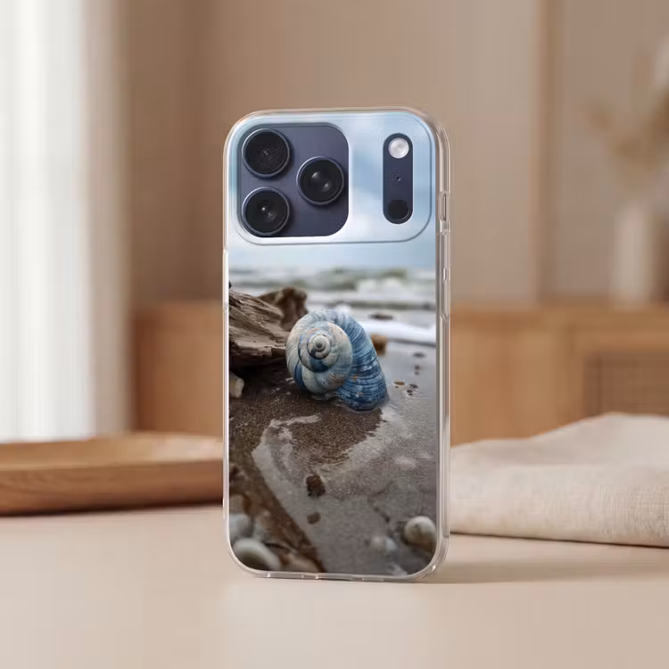 Schelp - Strand - Blauw - Zee Telefoonhoesje iPhone 17 Pro klein -sfeer2