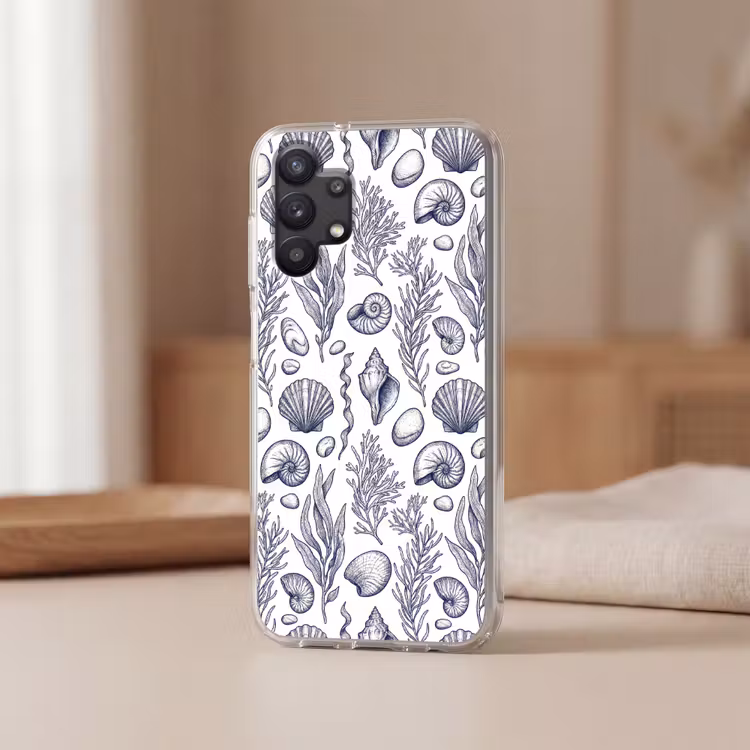 Schelpen - Zeewier - Oceaan - Illustratie - Blauw Telefoonhoesje Samsung Galaxy A32 5G klein -sfeer2