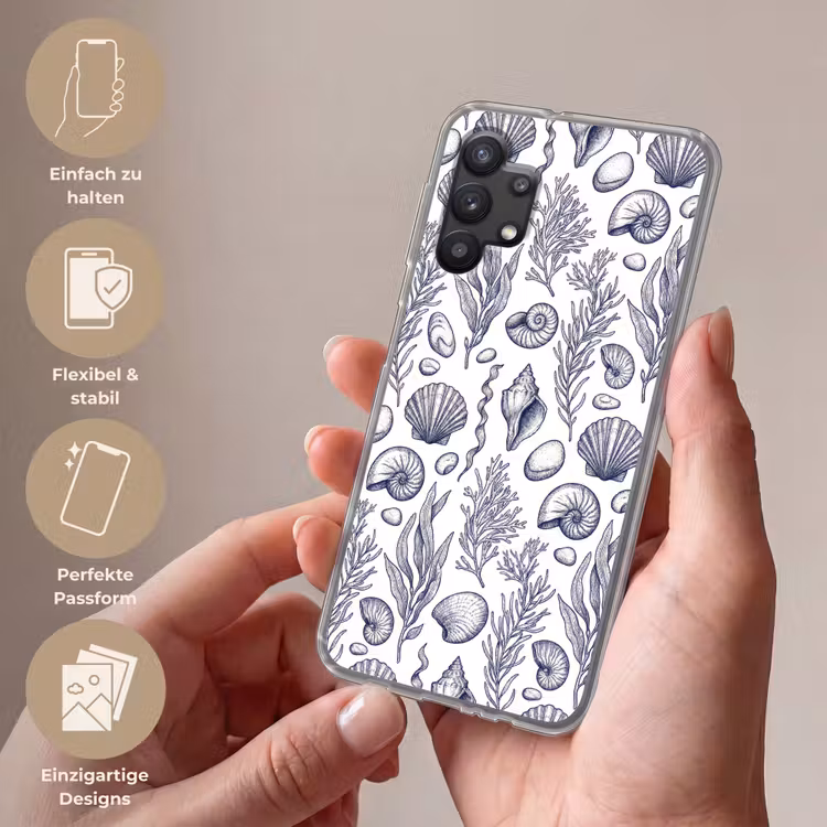 Schelpen - Zeewier - Oceaan - Illustratie - Blauw Telefoonhoesje Samsung Galaxy A32 5G klein -sfeer3_DE
