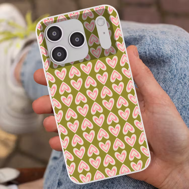 Patroon - Symmetrisch - Hartjes - Olijfgroen Telefoonhoesje iPhone 17 Pro klein 878 -sfeer2