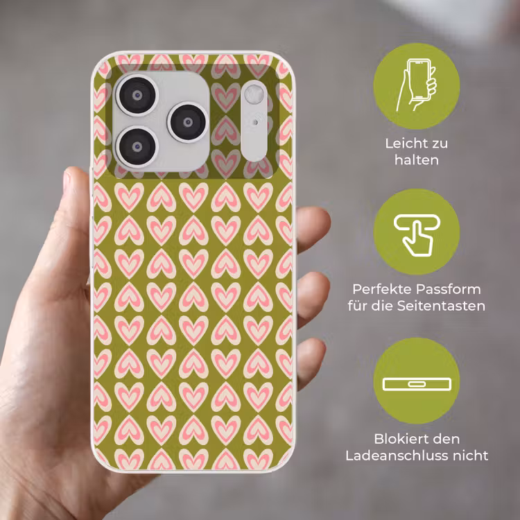 Patroon - Symmetrisch - Hartjes - Olijfgroen Telefoonhoesje iPhone 17 Pro klein 878 -sfeer3_DE