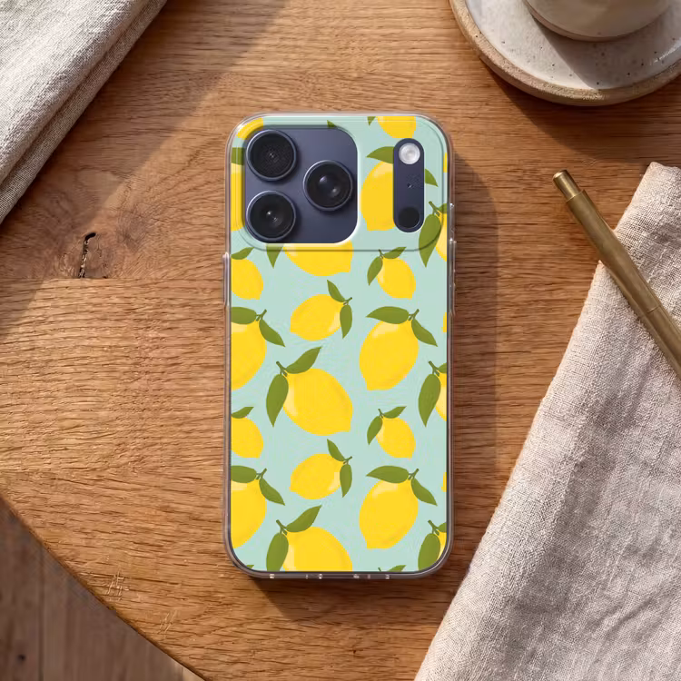 Citroenen patroon - Geel - Blauw - Patroon - Vruchten Telefoonhoesje iPhone 17 Pro klein -sfeer1