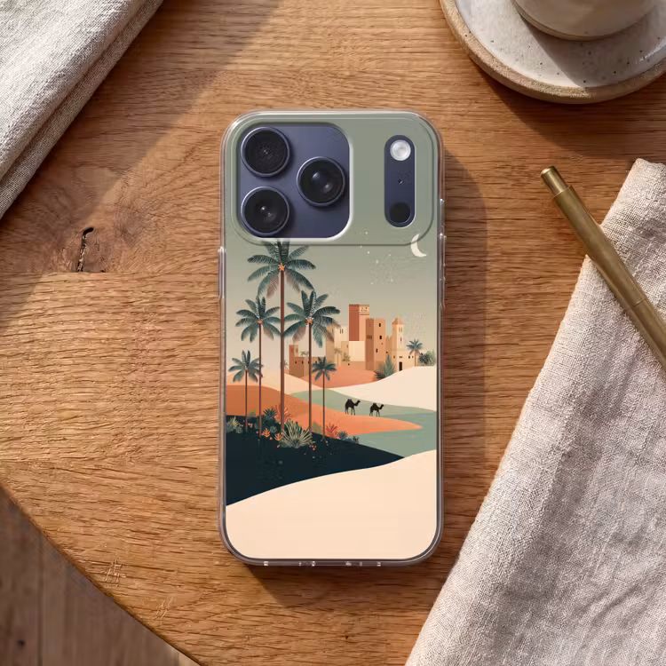 Nachtlandschap - Kamelen - Sterren - zandduinden Telefoonhoesje iPhone 17 Pro klein -sfeer1