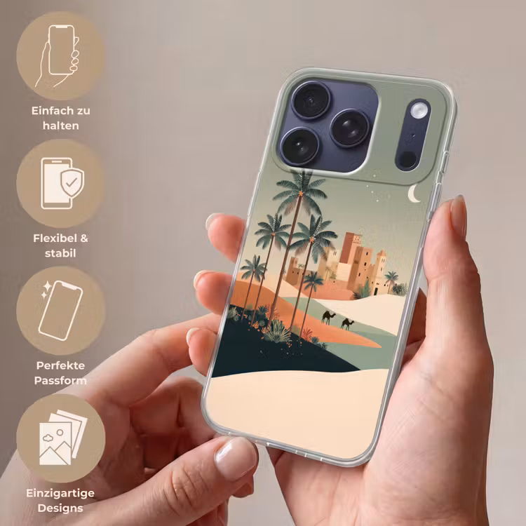 Nachtlandschap - Kamelen - Sterren - zandduinden Telefoonhoesje iPhone 17 Pro klein -sfeer3_DE