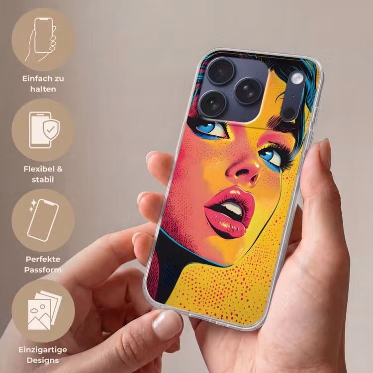 Close-up - Vrouwengezicht - Stippen - Geel Telefoonhoesje iPhone 17 Pro klein -sfeer3_DE