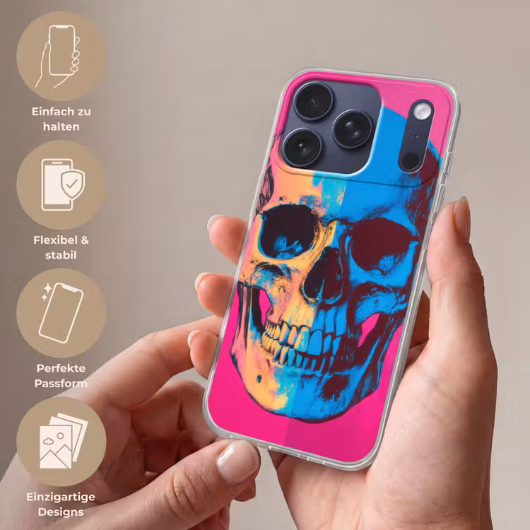Neon - Blauw - Pop-art - Schedel Telefoonhoesje iPhone 17 Pro klein -sfeer3_DE