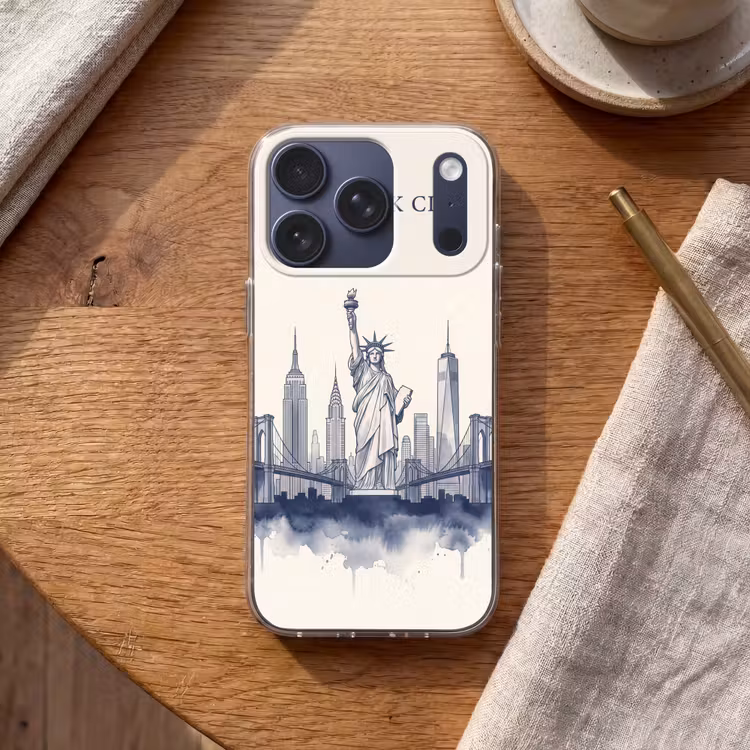 New York - Vrijheidsbeeld - Skyline - Illustratie - Blauw Telefoonhoesje iPhone 17 Pro klein -sfeer1